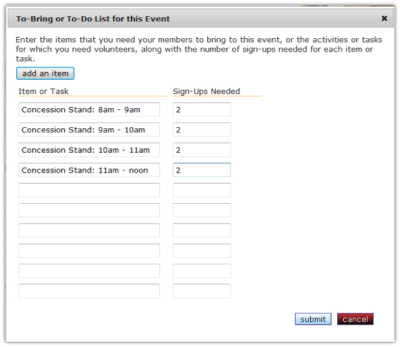 Coach Event Sign Up List